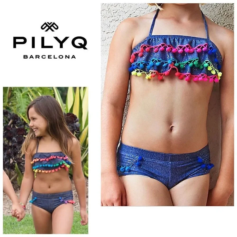 New. Pilyq denim sparkly Pom Pom bikini.